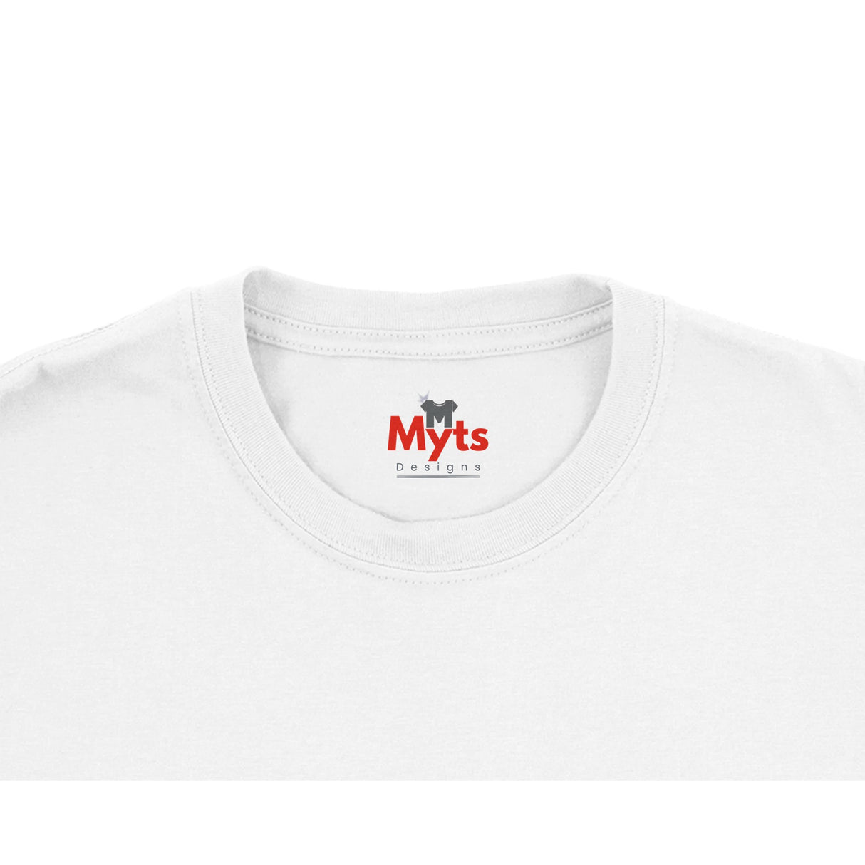 White t-shirt with 'Myts Designs' logo on a white background
