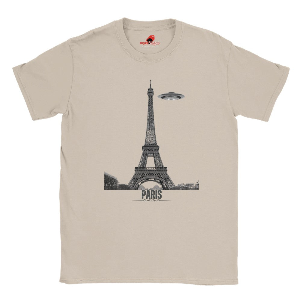 Front view of a netural soft casual tee featuring a whimsical graphic of the Eiffel Tower with a retro‑style spaceship orbiting it, printed on ultra‑soft Gildan 64000 cotton.