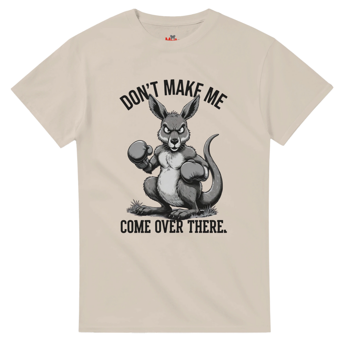 t-shirt with a kangaroo graphic and text on a white background
