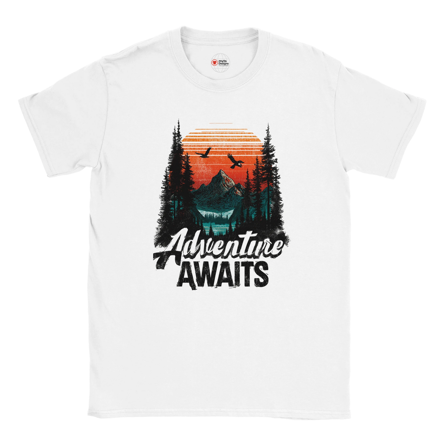 Front view of t-shirt featuring bold “Adventure Awaits” camping design printed on soft cotton tee