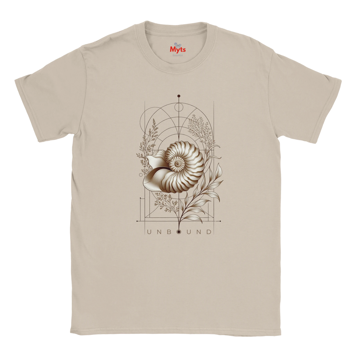 “Front view of a light sand coloured Unbound Nautilus T-shirt with seashell, botanical and geometric artwork.”