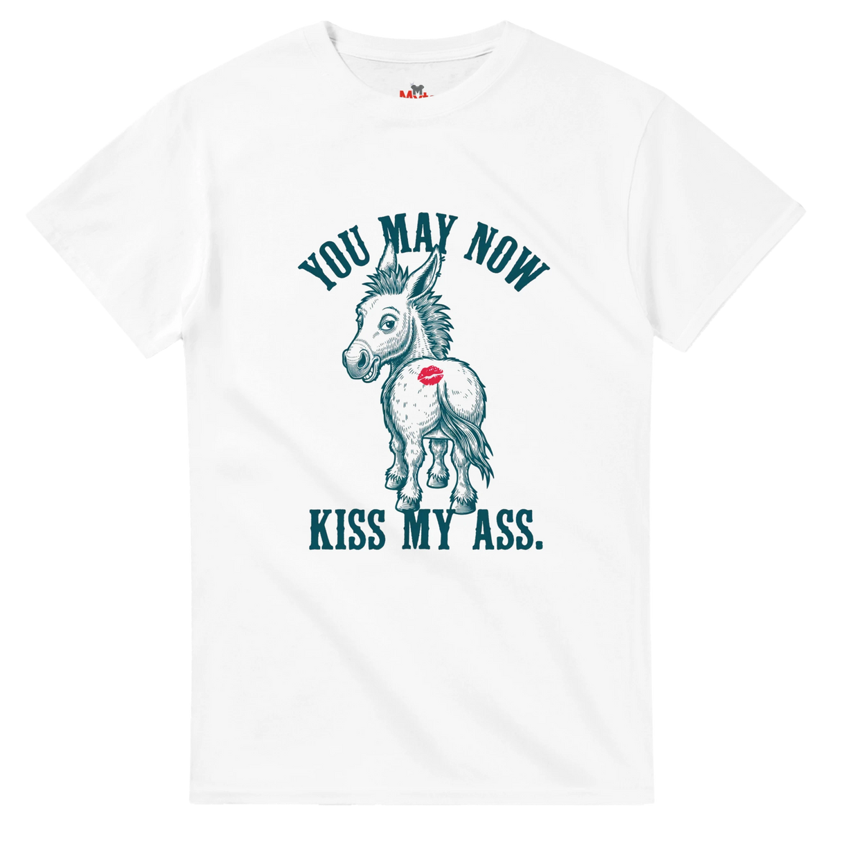 White t-shirt with a graphic of a donkey and text on a white background