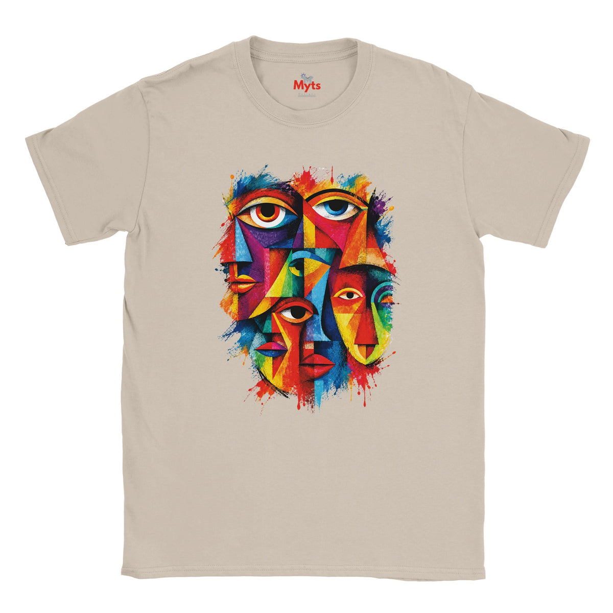 A beige crewneck t-shirt featuring a colorful graphic print of stylized faces with eyes, designed in a geometric, cubist style with vibrant paint splatters. The brand name 'Myts' is printed inside the collar.