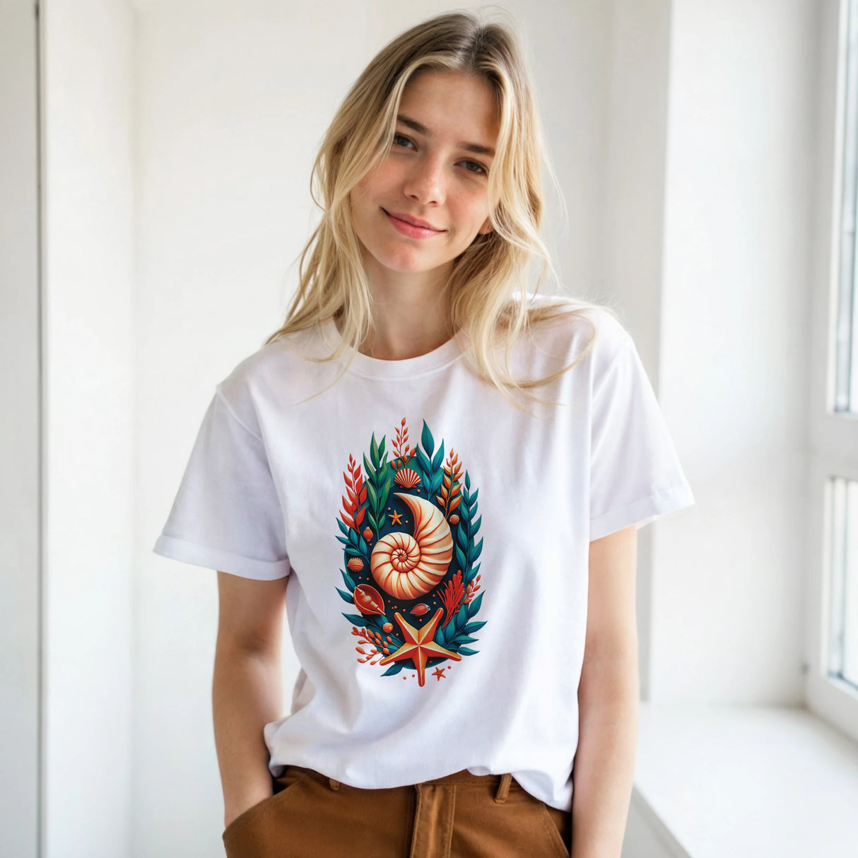 A blonde woman wearing a white short-sleeve crewneck t-shirt with a colorful graphic print of a nautilus shell, starfish, and coral, paired with brown pants, standing in a bright, minimalist room.