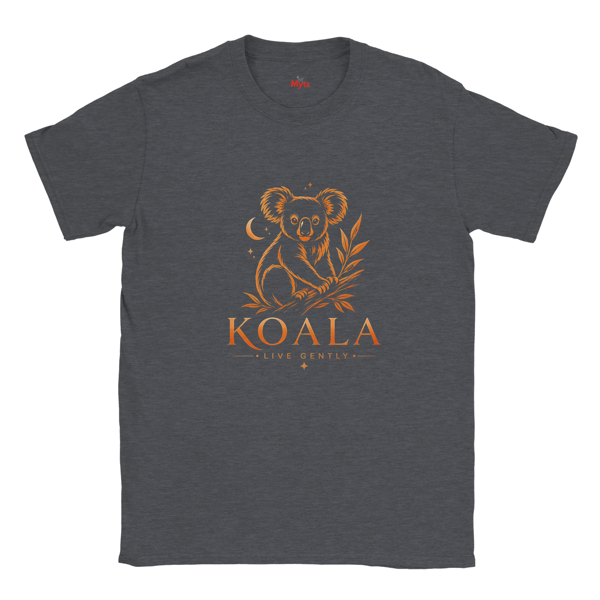 A dark heather gray crewneck t-shirt featuring a distressed orange graphic of a koala sitting on a branch with the text 'KOALA LIVE GENTLY' printed on the chest.