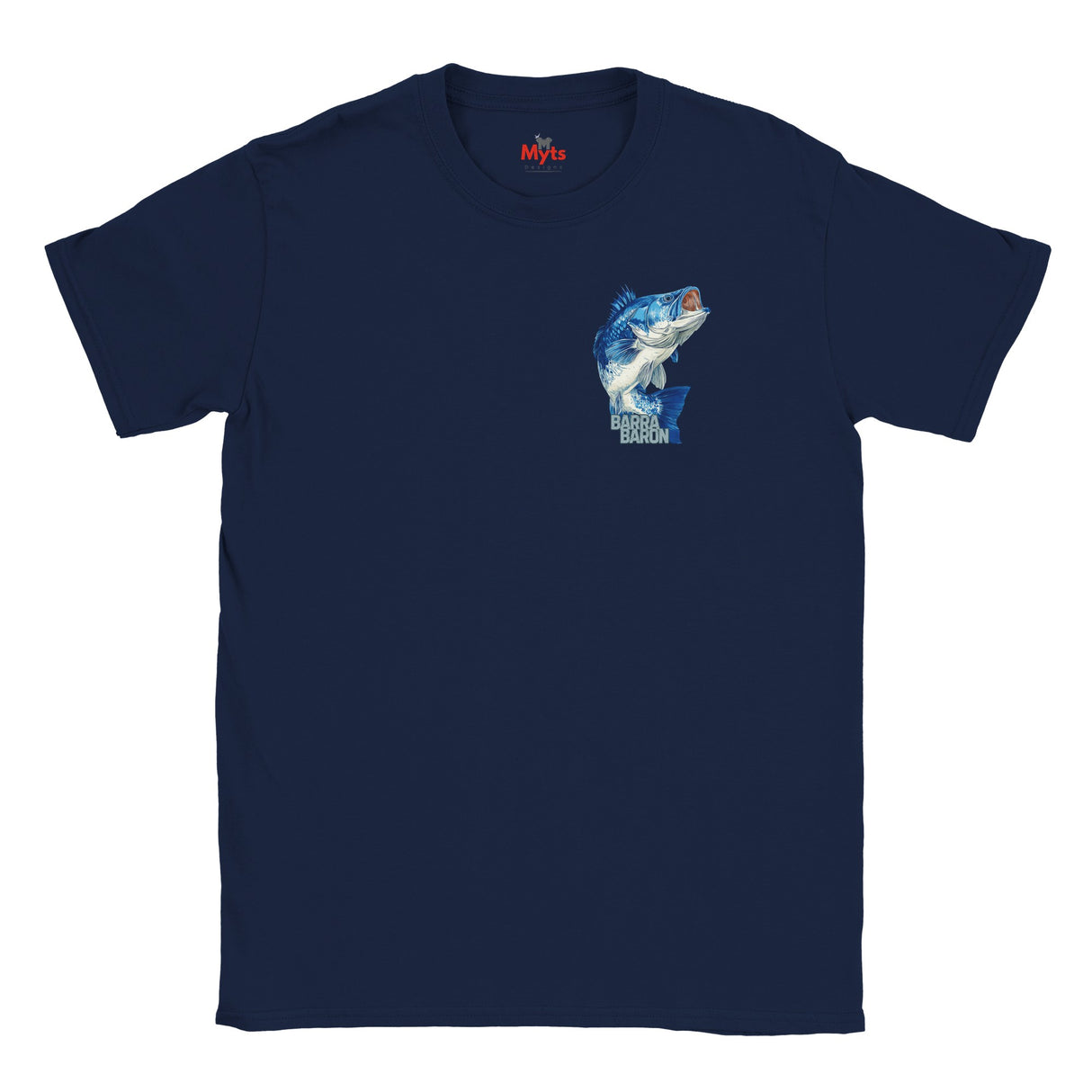 Navy blue t-shirt with a fish graphic on a white background
