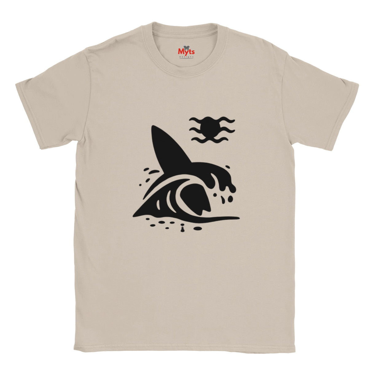 Natural t-shirt with a black graphic design of a surfboard and a wave on a white background
