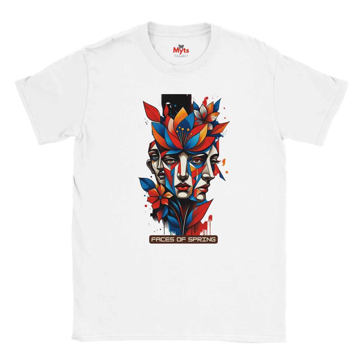 White Faces of Spring T-shirt featuring colourful abstract geometric faces surrounded by red, blue and yellow flowers, leaves and expressive paint details.