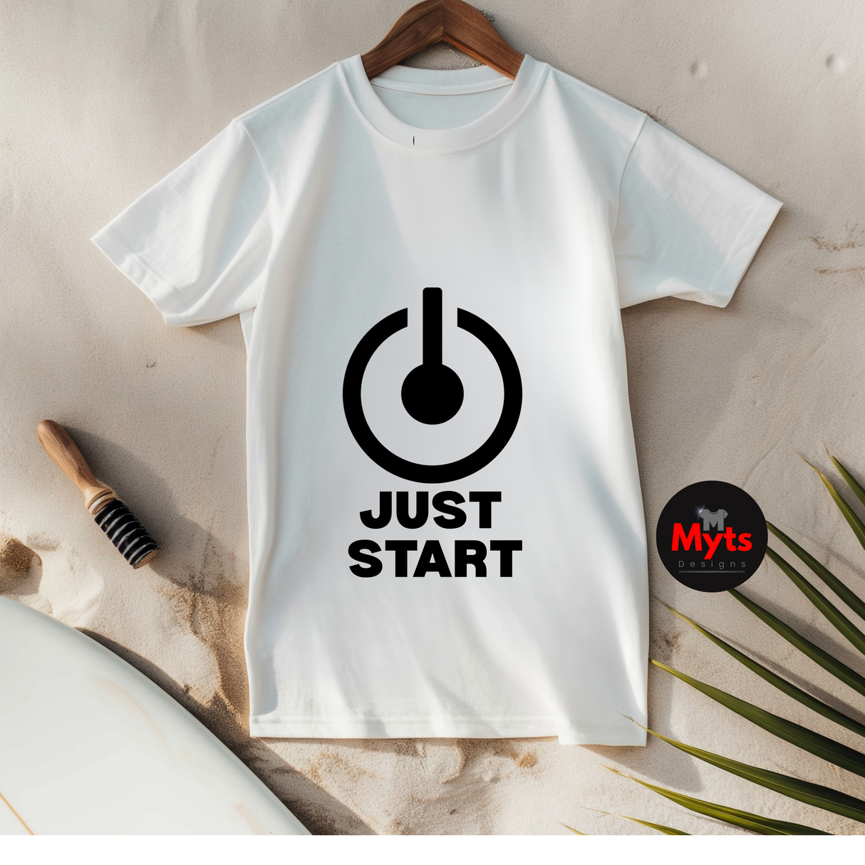 Minimalist Just Start motivational T-shirt with bold power button graphic on white unisex tee
