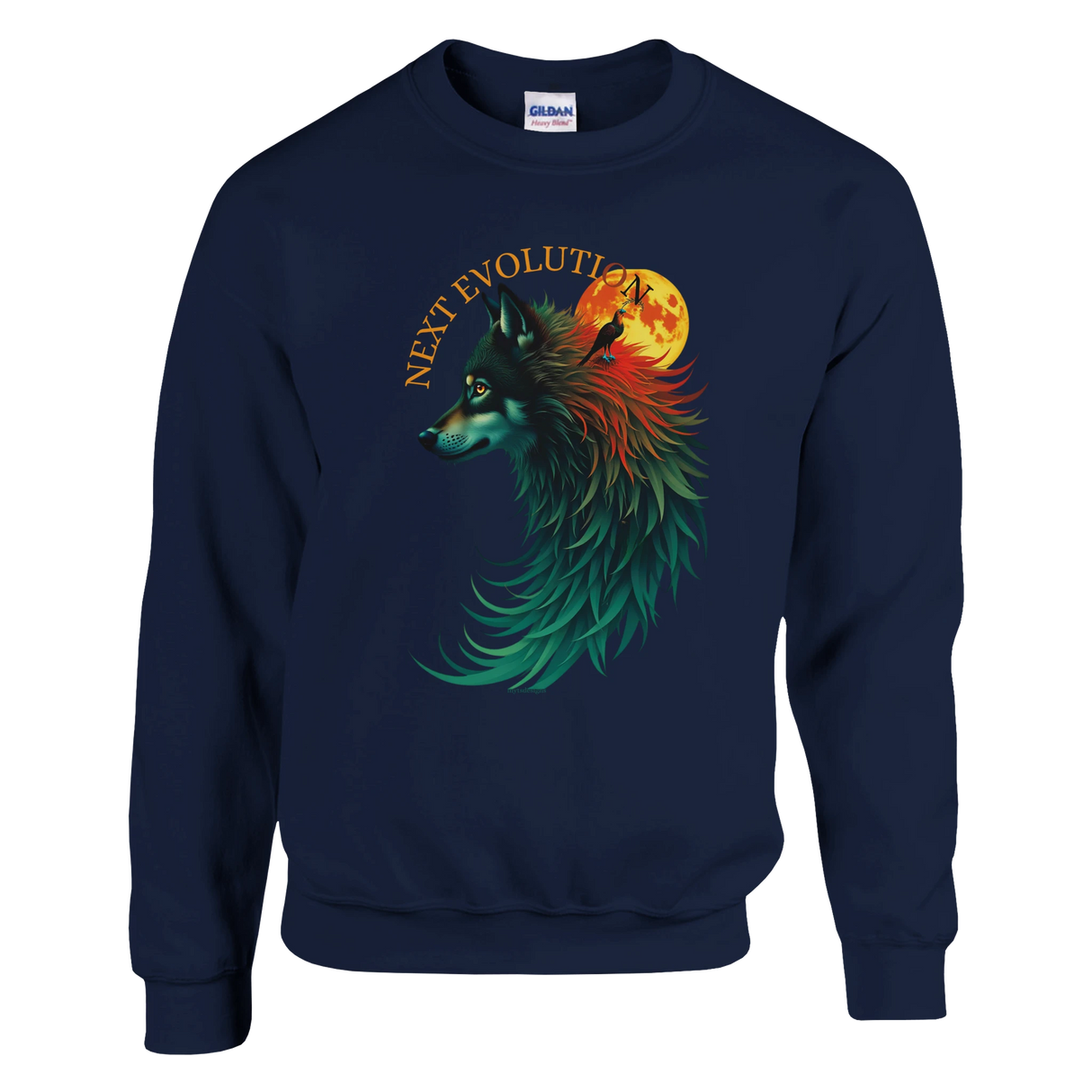 A navy blue crewneck sweatshirt featuring a colorful graphic of a wolf in profile with a full moon and the text 'NEXT EVOLUTION' on the front, set against a plain white background.