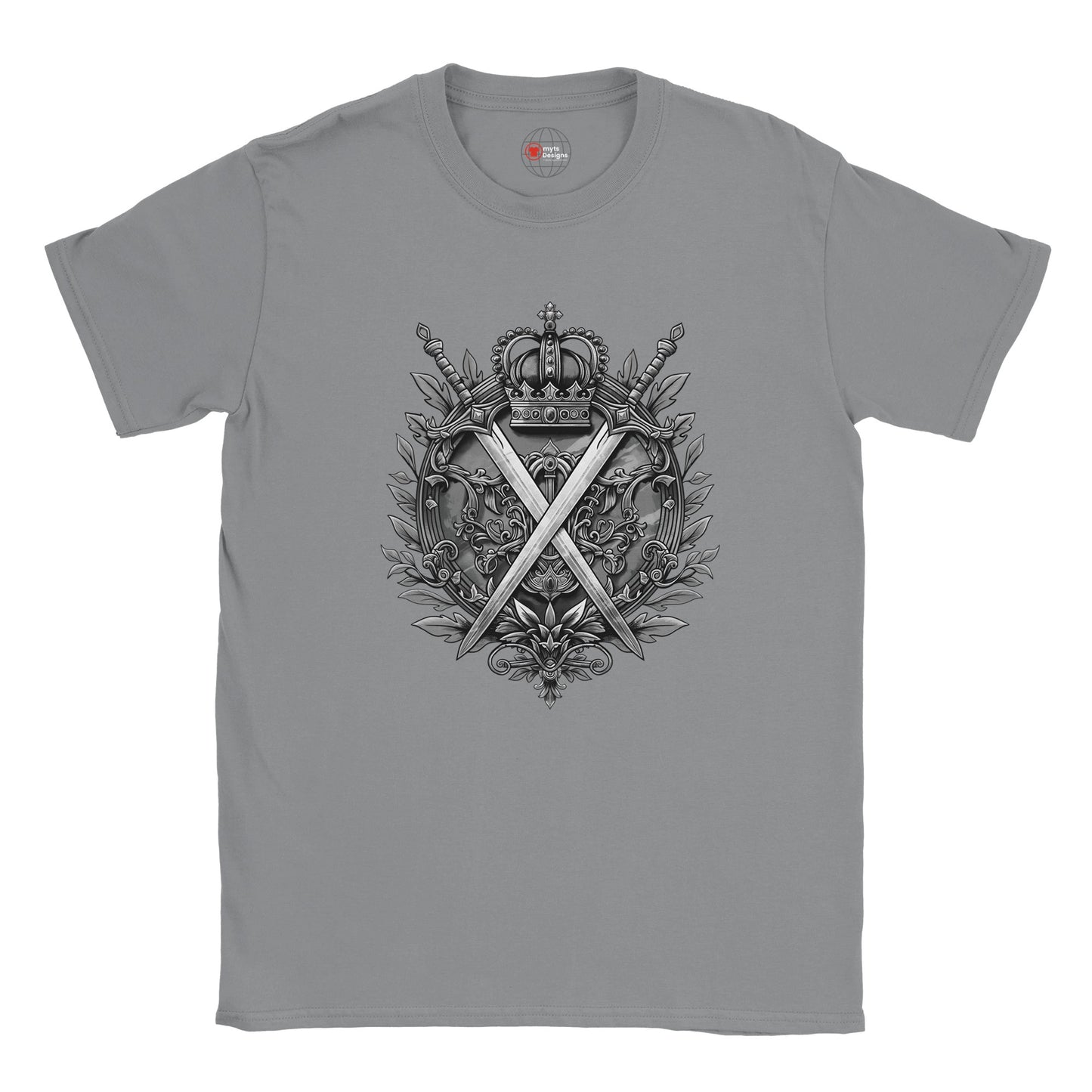 Gray t-shirt with a decorative emblem featuring crossed swords and a crown on a white background