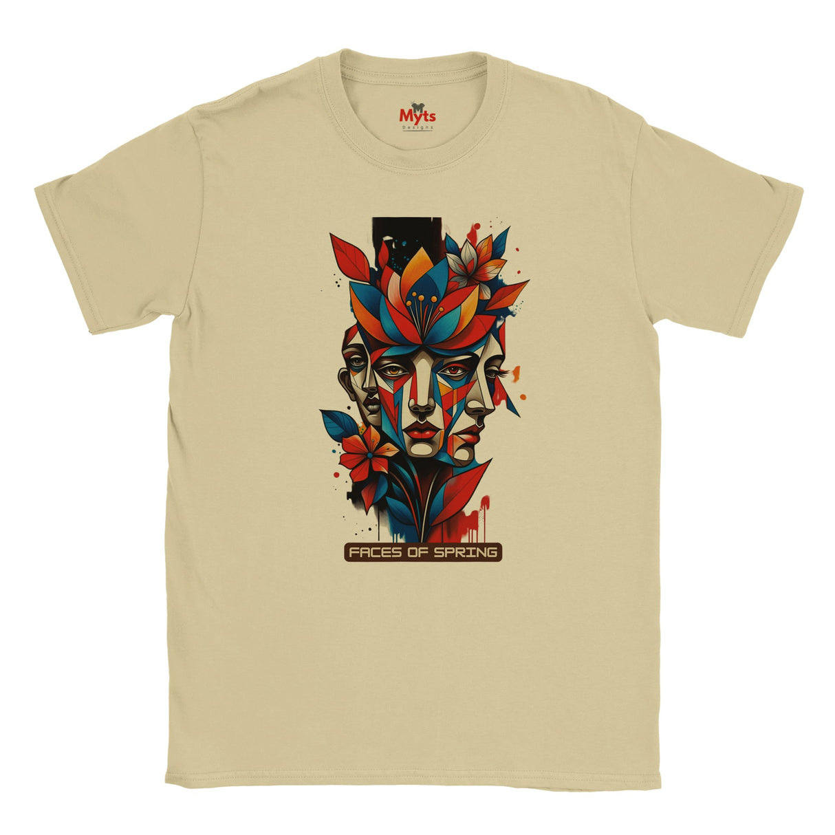 Natural Faces of Spring T-shirt featuring colourful abstract geometric faces surrounded by red, blue and yellow flowers, leaves and expressive paint details.