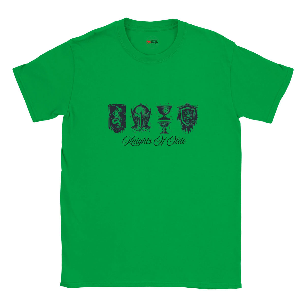 Green t-shirt with black graphics and text on a white background