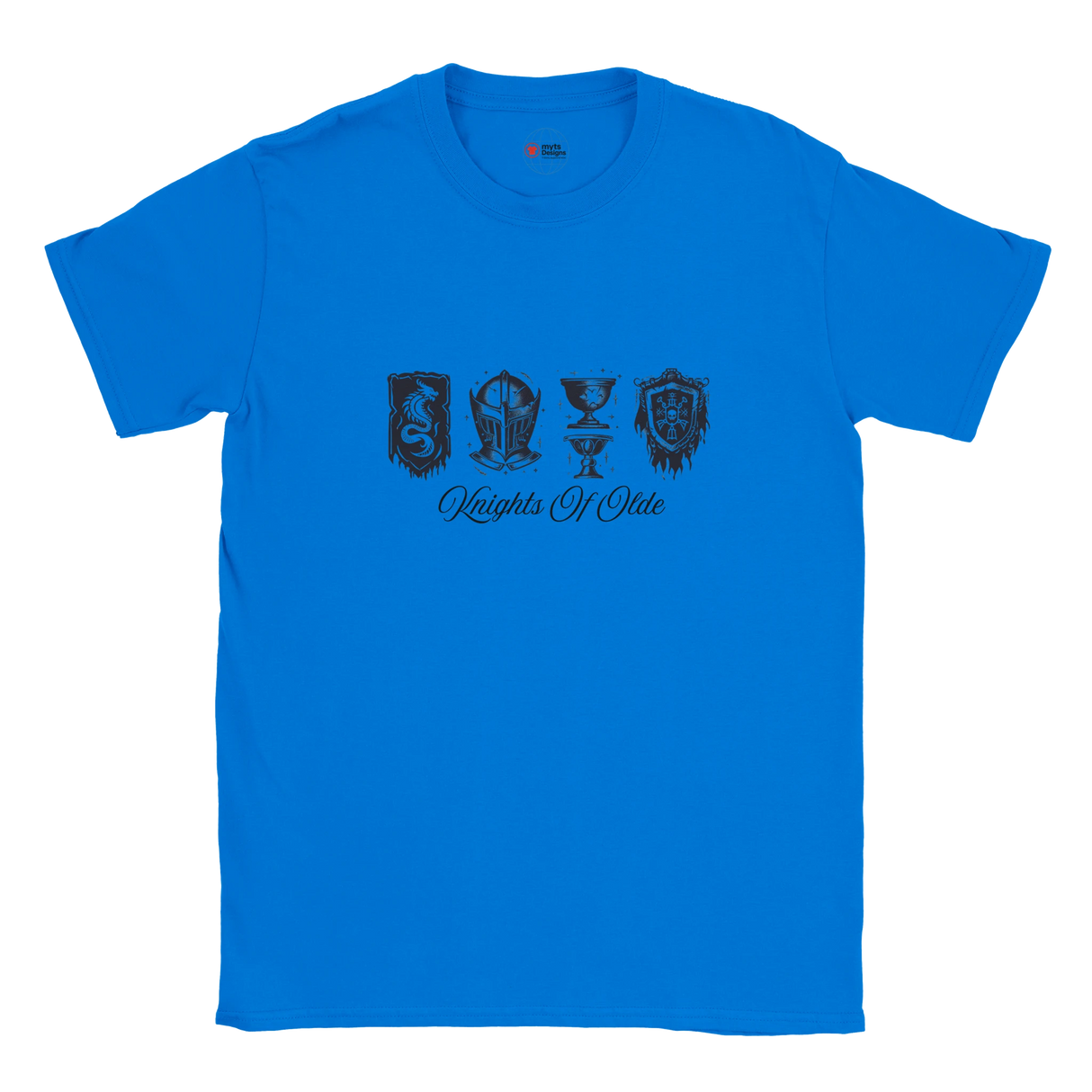 Blue t-shirt with black graphics and text on a white background
