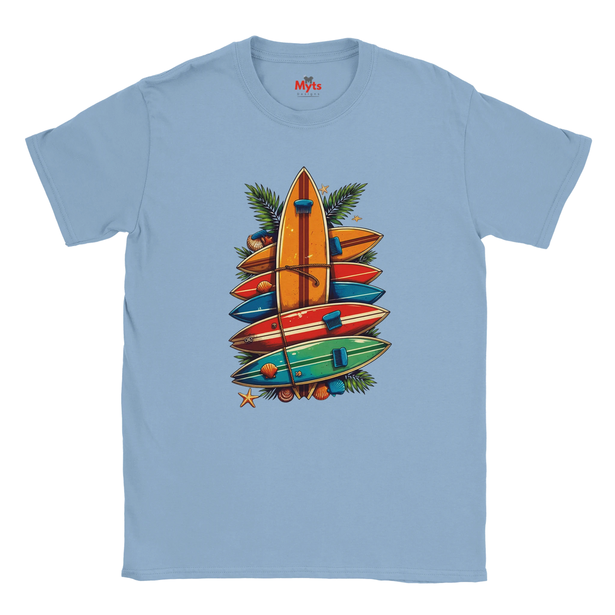 Light blue t-shirt with colorful surfboard design on a white background