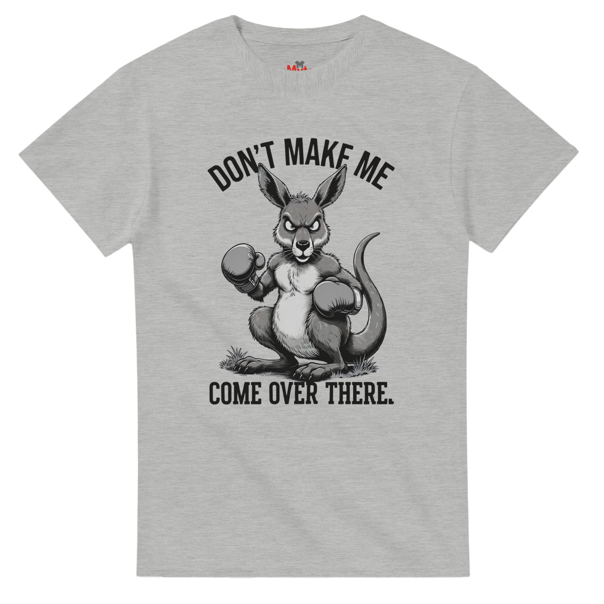 Ash t-shirt with a kangaroo graphic and text on a white background