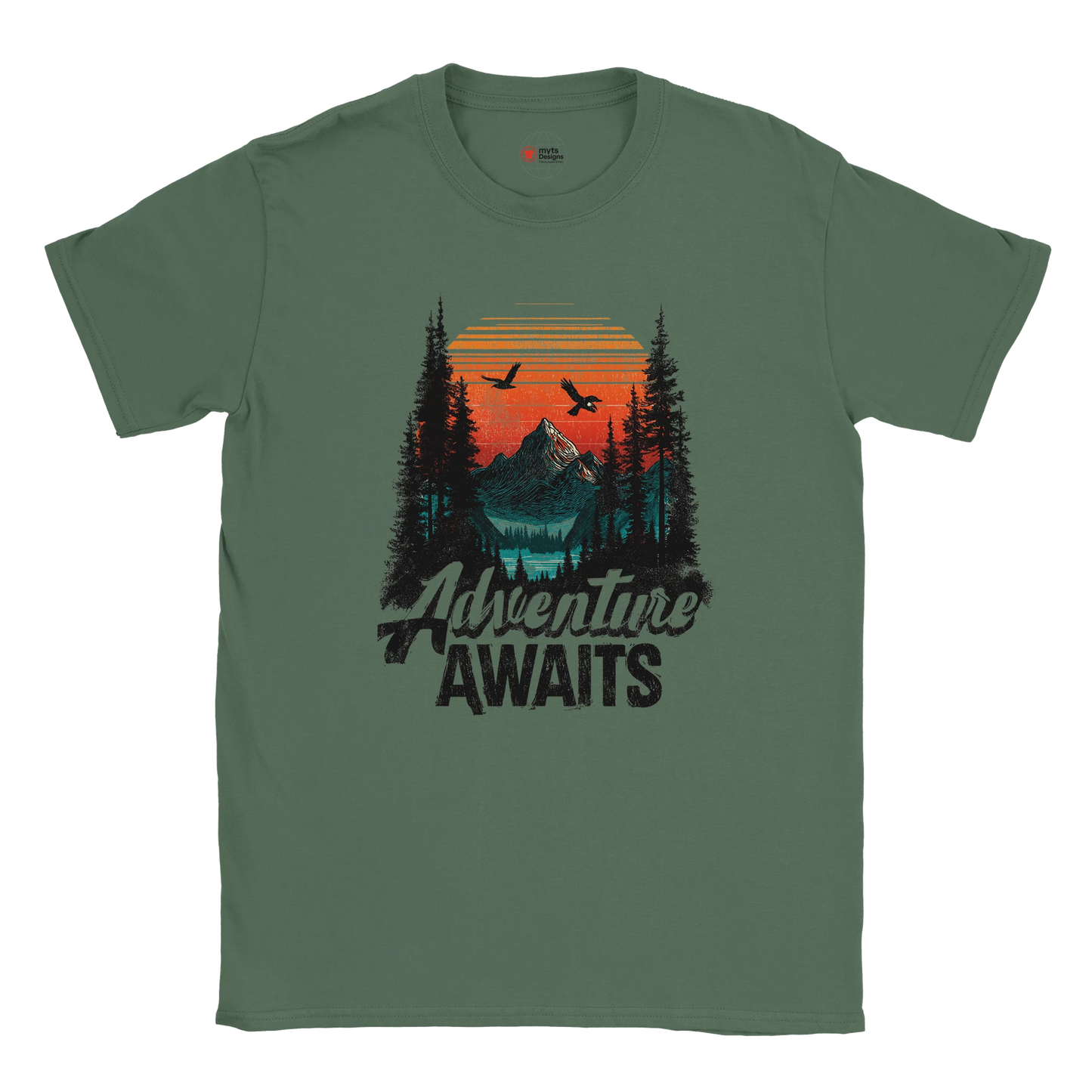 Green t-shirt with 'Adventure Awaits' graphic on a white background