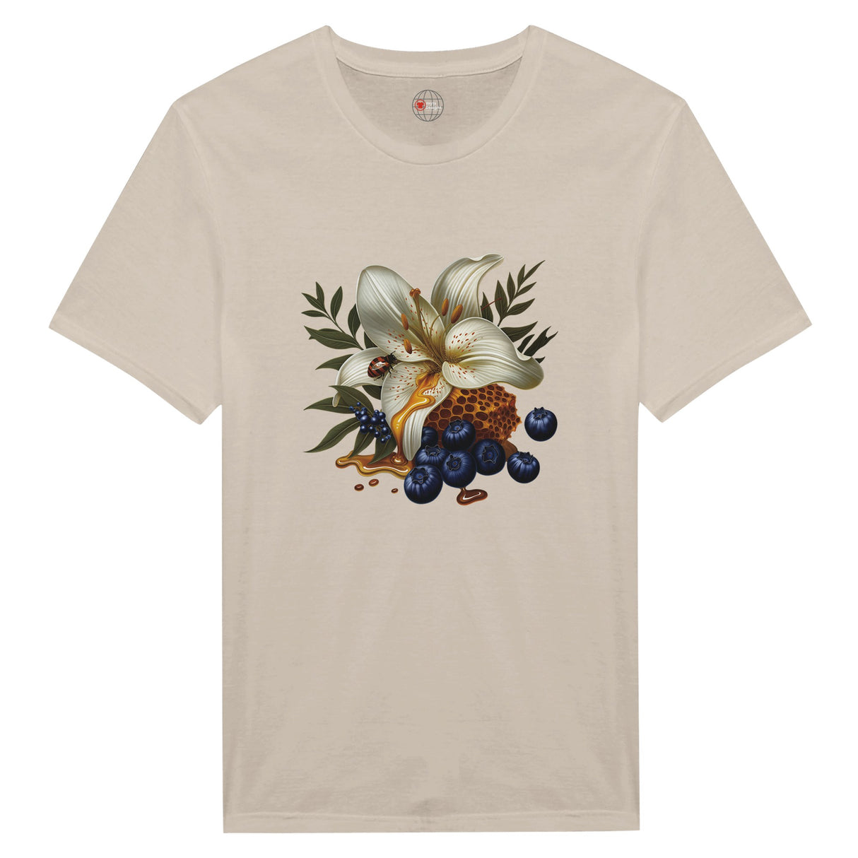 Beige t-shirt with a floral and fruit design on a white background