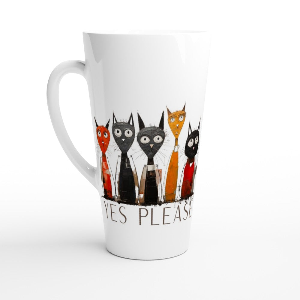 A white ceramic latte mug featuring a graphic of five cartoon cats in different colored suits and shirts, with the text 'YES PLEASE' printed below them.