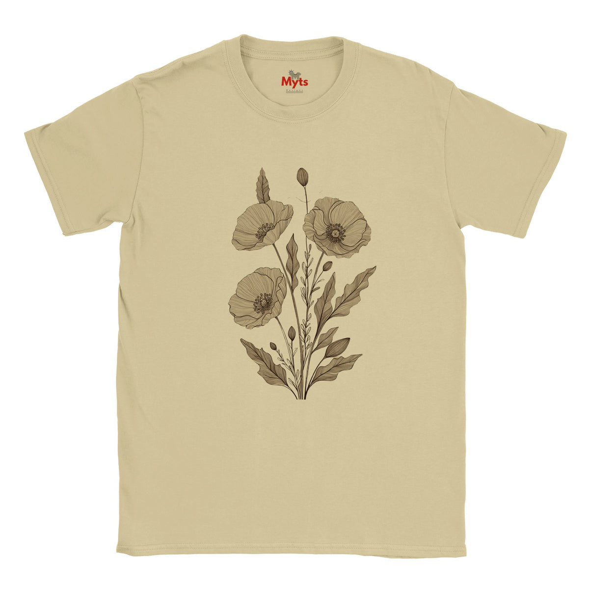 A Sand crewneck t-shirt featuring a vintage-style botanical illustration of three poppy flowers and leaves in brown on the front. The brand name 'The Myts' is printed inside the collar.