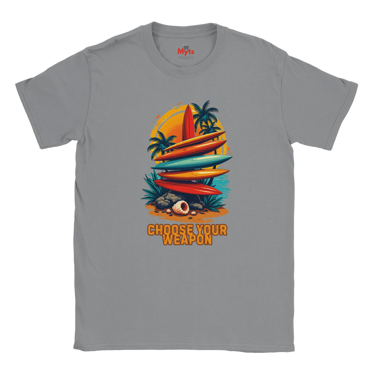 Gray t-shirt with colorful graphic design of surfboards and palm trees, featuring the text 'Choose Your Weapon'.
