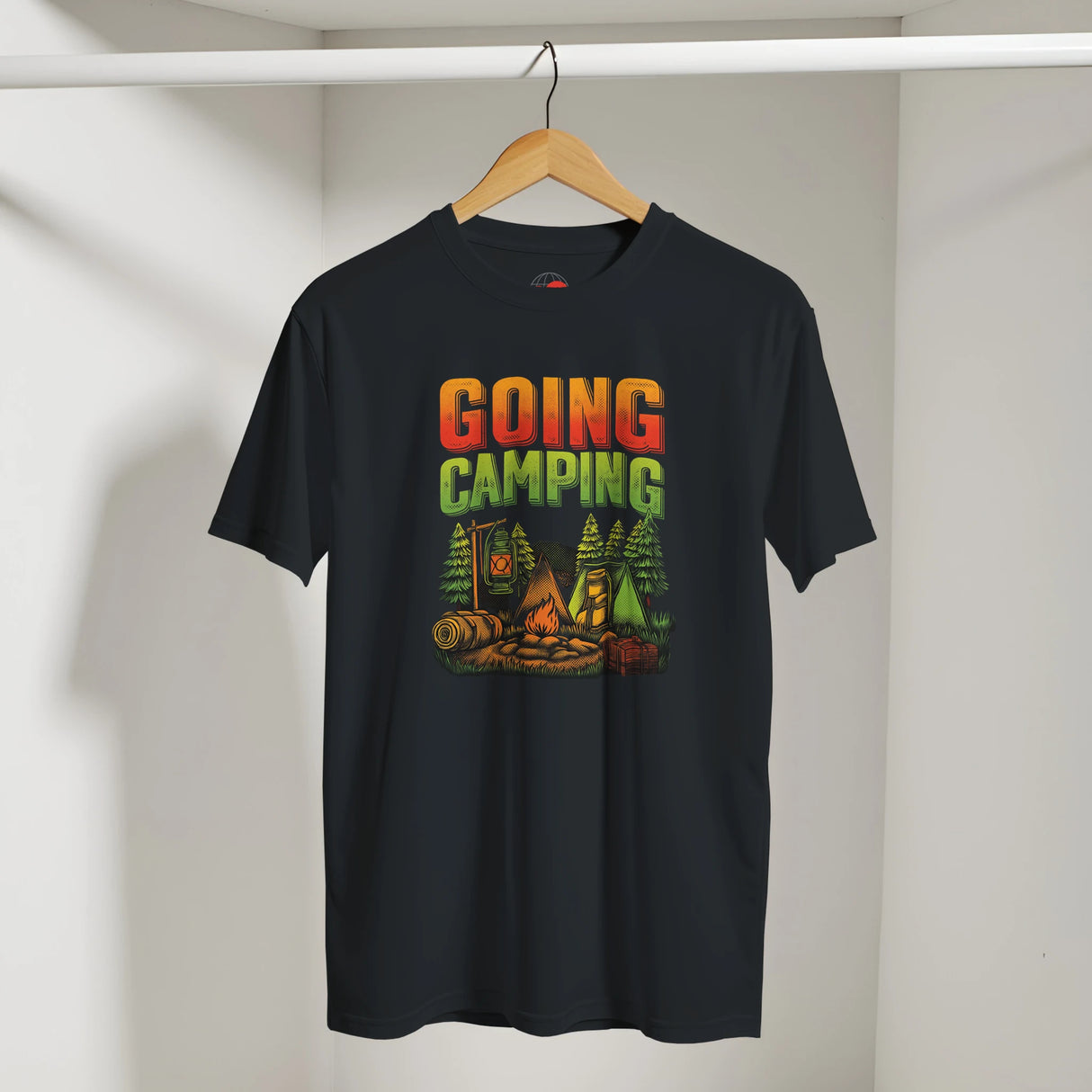 Black t-shirt with 'Going Camping' graphic design on a hanger against a white background