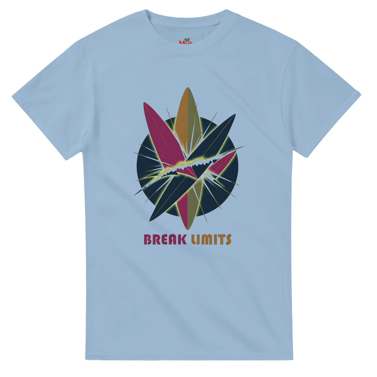 Light blue t-shirt with colorful graphic design and 'Break Limits' text on a white background