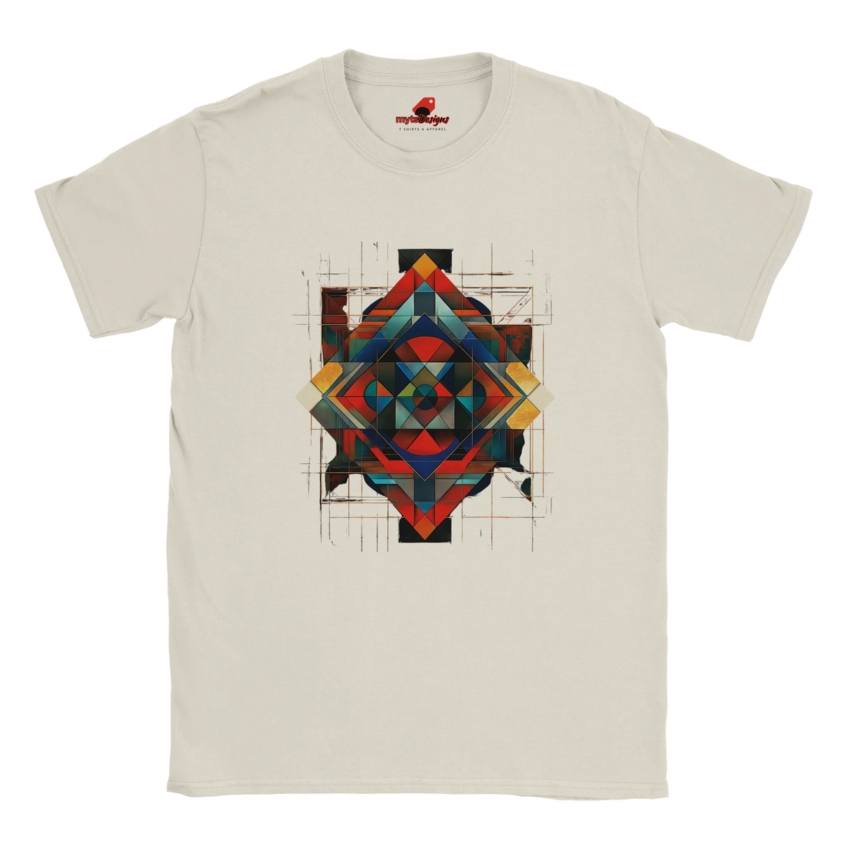 White unisex T-shirt featuring an intricate symmetrical geometric pattern in vibrant blues, oranges, reds, and metallic tones, tribal and modern art fusion design by MytsDesigns.com