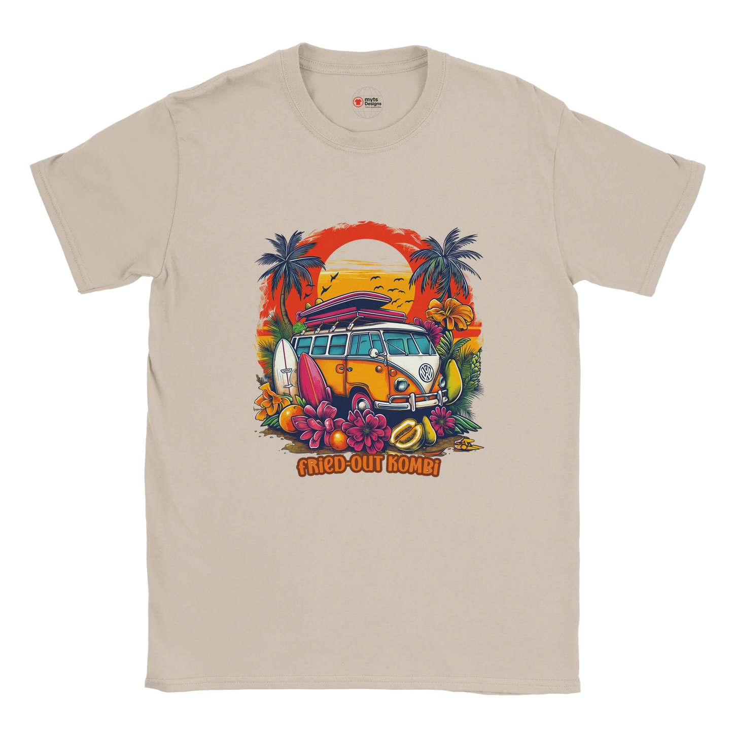 a beige T-shirt with a vibrant graphic of a retro yellow Kombi van, surfboards, tropical flowers, palm trees, and a bold orange sunset.