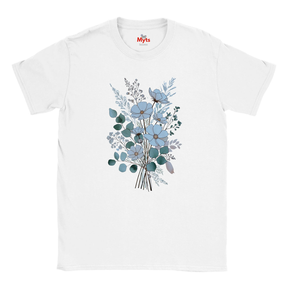 A white short-sleeve crewneck t-shirt featuring a central graphic print of a bouquet of light blue flowers and green eucalyptus leaves, with a small red 'Myts' logo printed inside the collar.