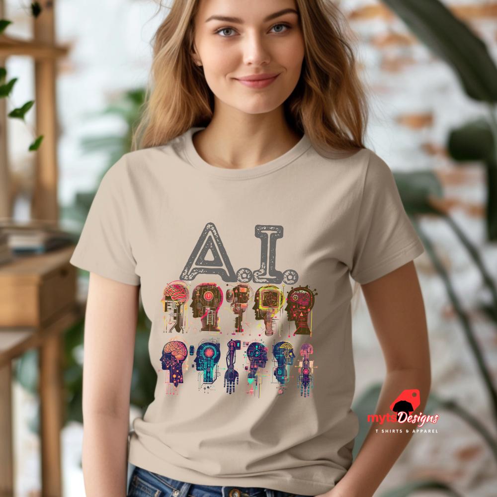 Woman wearing a beige t-shirt with colorful AI-themed design in an indoor setting.