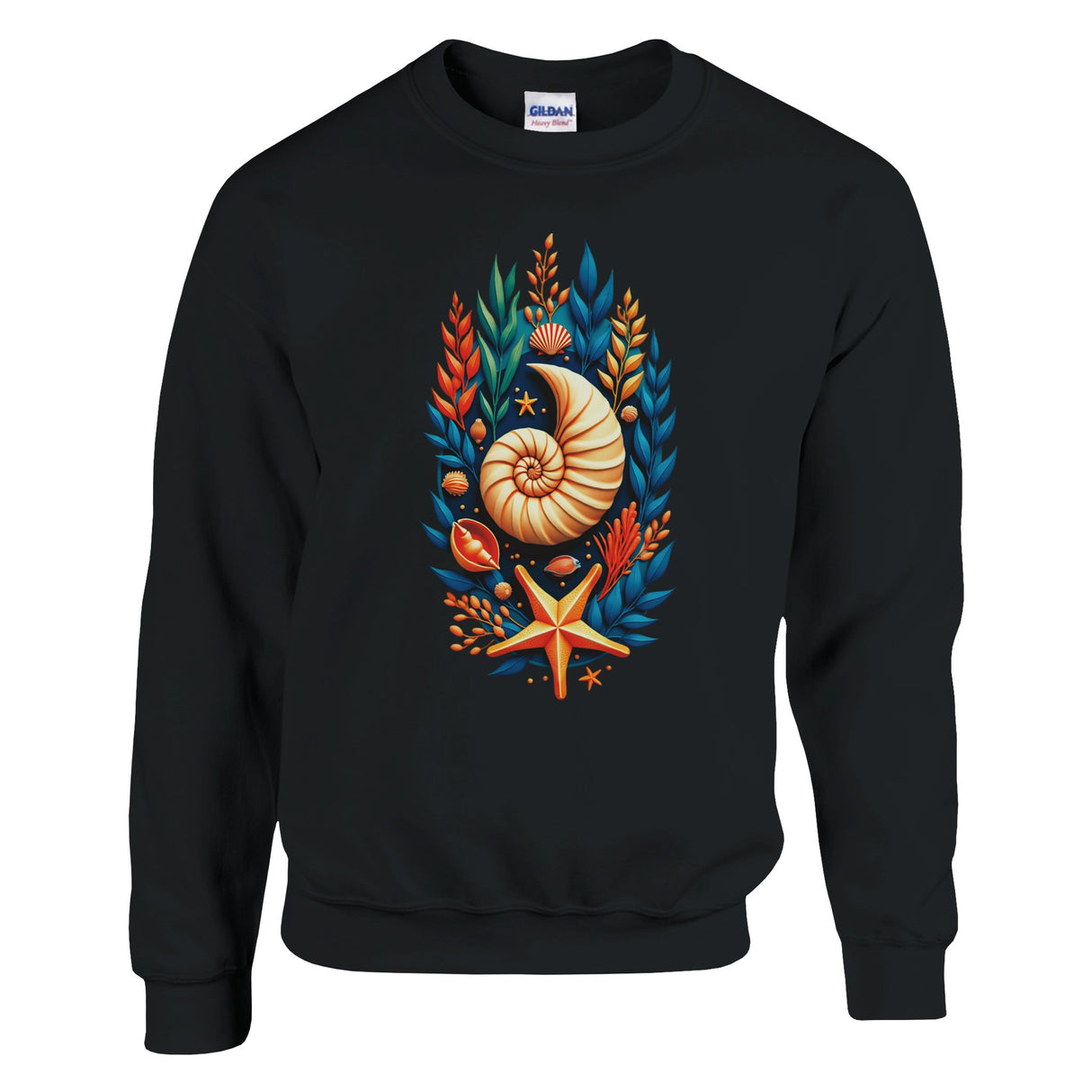 A black crewneck sweatshirt featuring a colorful graphic print of a nautilus shell and seashells framed by blue and orange leaves, with a starfish at the bottom. The Gildan brand tag is visible inside the collar.