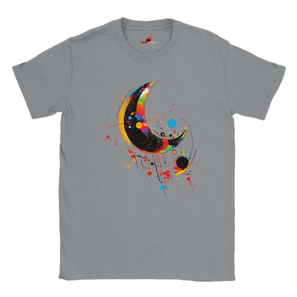 A grey crew-neck t-shirt with a geometric space-inspired print featuring vivid colors and abstract designs.