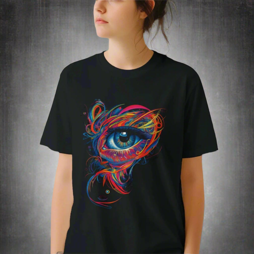 Front view of a young woman wearing a black T-shirt featuring mystical all-seeing eye with geometric sacred patterns – printed on soft Gildan cotton
