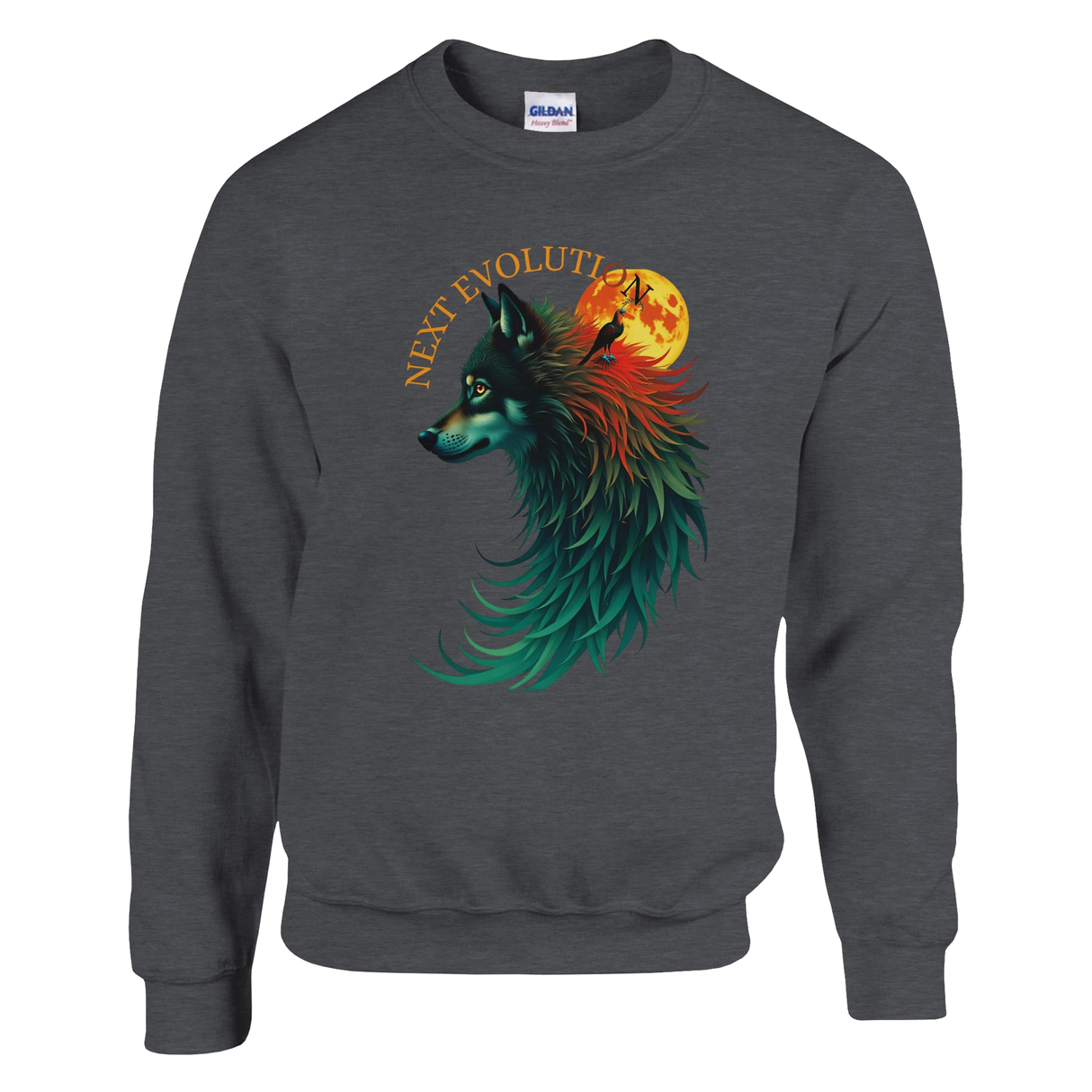 A dark gray crewneck sweatshirt featuring a colorful graphic of a wolf with teal, green, and orange fur in profile, set against a full moon and the words 'NEXT EVOLUTION'. The Gildan brand tag is visible inside the collar.
