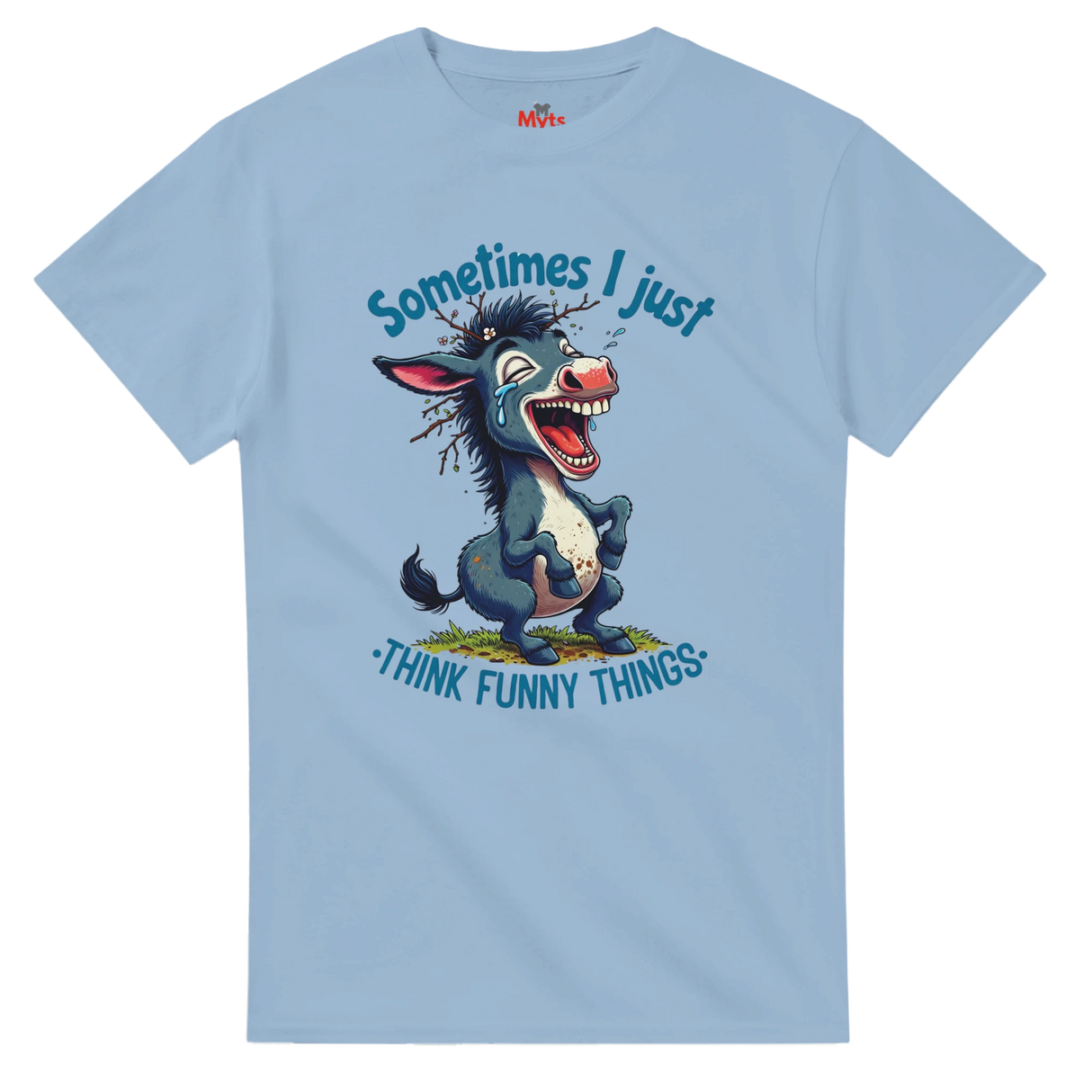 Light blue t-shirt with cartoon donkey and text on a white background
