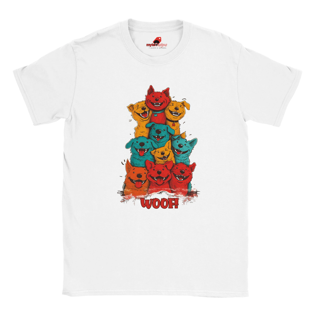 A flat lay white T-shirt featuring a vibrant graphic of cartoon puppies stacked in red, orange, blue, and yellow hues, with the playful text “WOOF!” below the design.