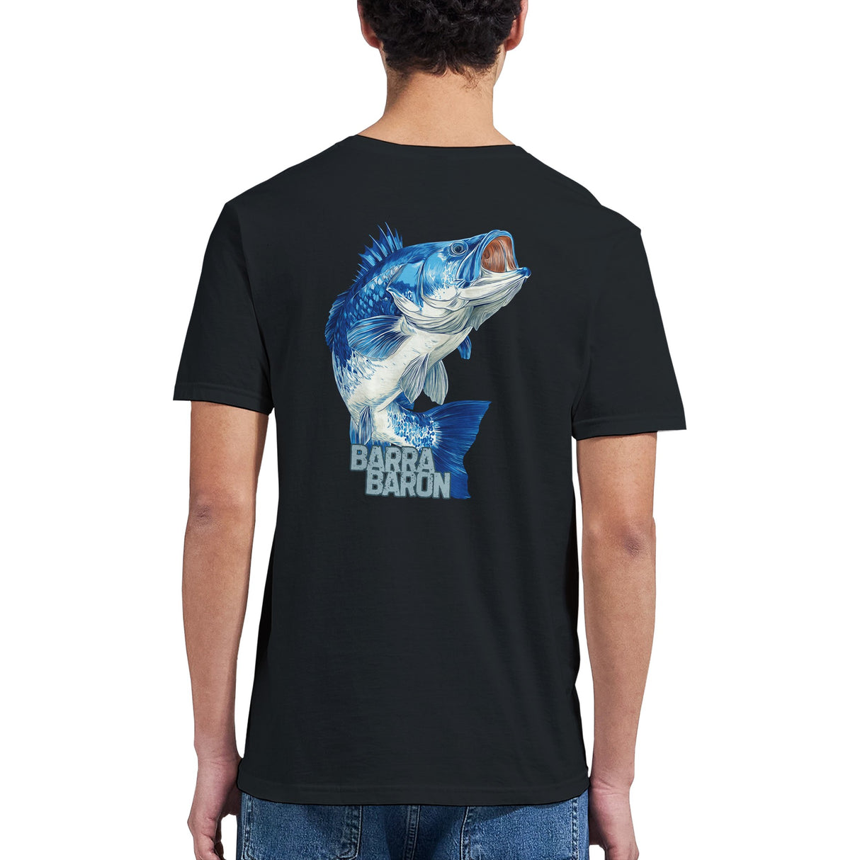 Black t-shirt with a blue fish graphic and 'Barra Baron' text on the back, worn by a person.