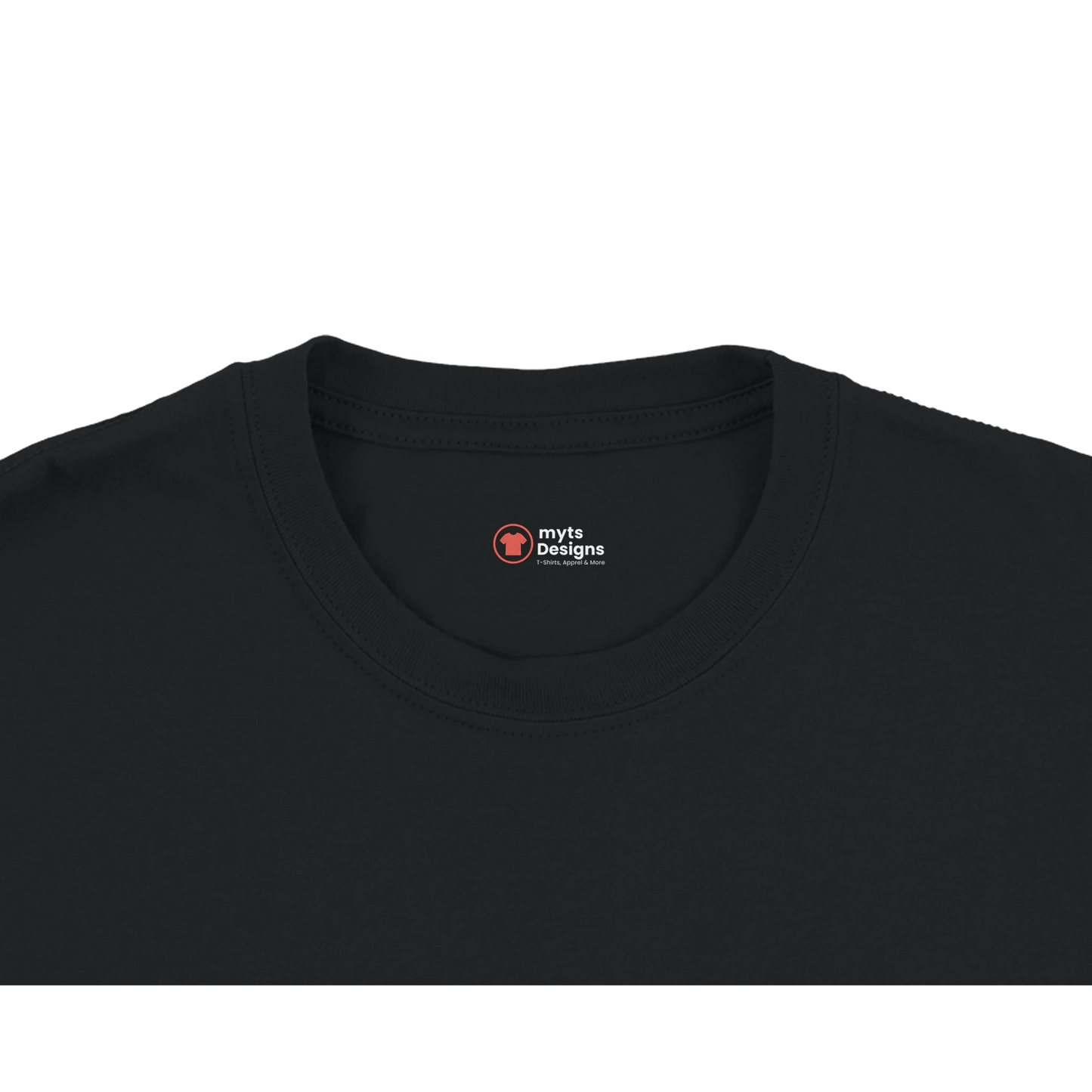Black t-shirt with a logo on a white background