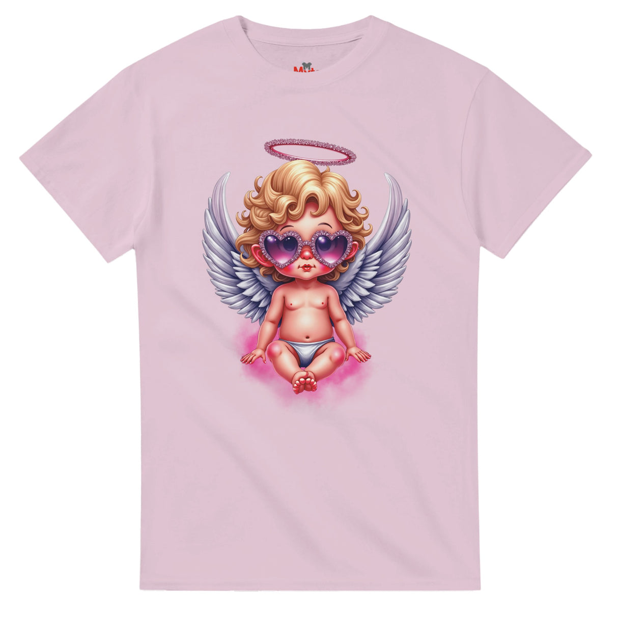 Pink t-shirt with a cartoon angel design on a white background