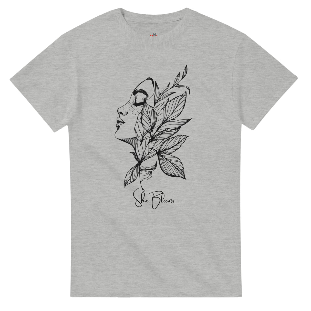 Gray t-shirt with a black and white illustration of a face and leaves on a white background