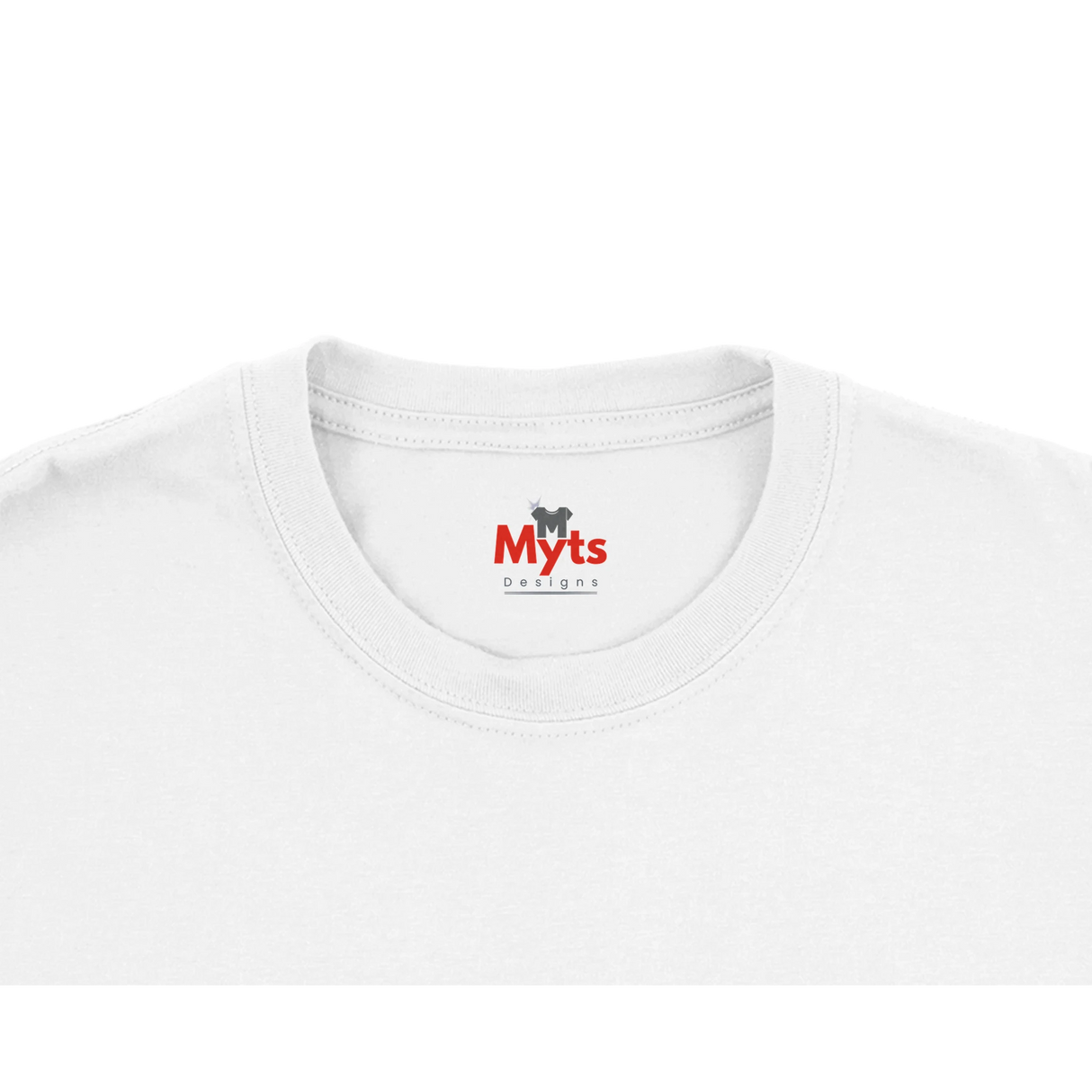 Close-up of a white t-shirt with 'Myts' logo on a white background
