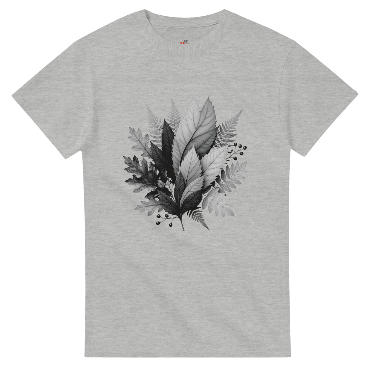 Gray t-shirt with black leaf design on a white background