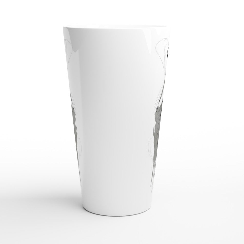 A white tapered pint glass with a minimalist gray line-art illustration of a bird on the side, shown against a clean white background.