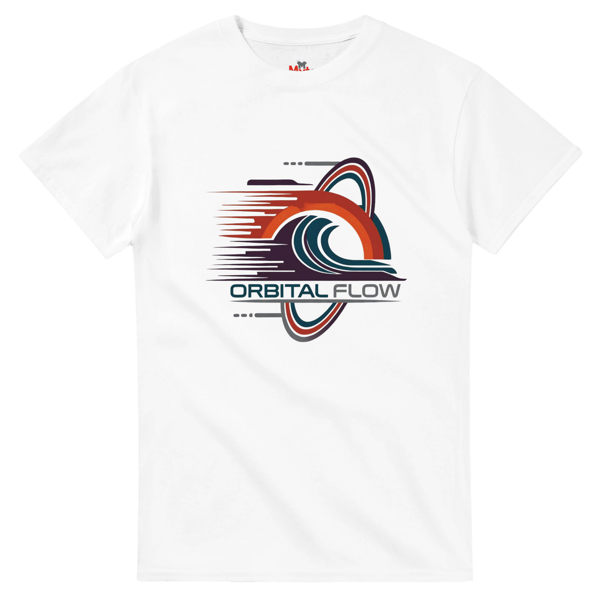 White t-shirt with 'Orbital Flow' graphic design on a white background