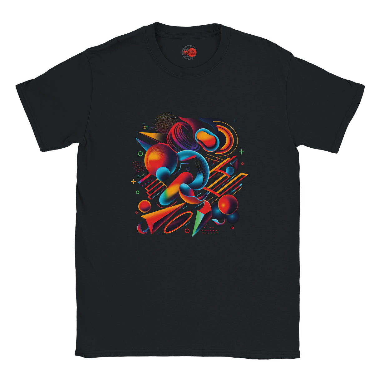 Black t-shirt with colorful abstract design on a white background