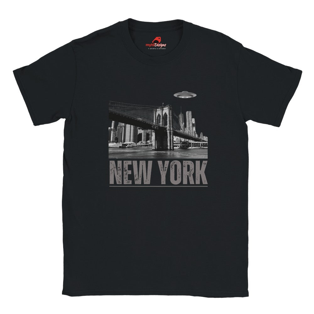 Black soft casual tee showing the New York City skyline with a stylized spaceship graphic soaring above, printed on ultra-soft Gildan 64000 cotton.