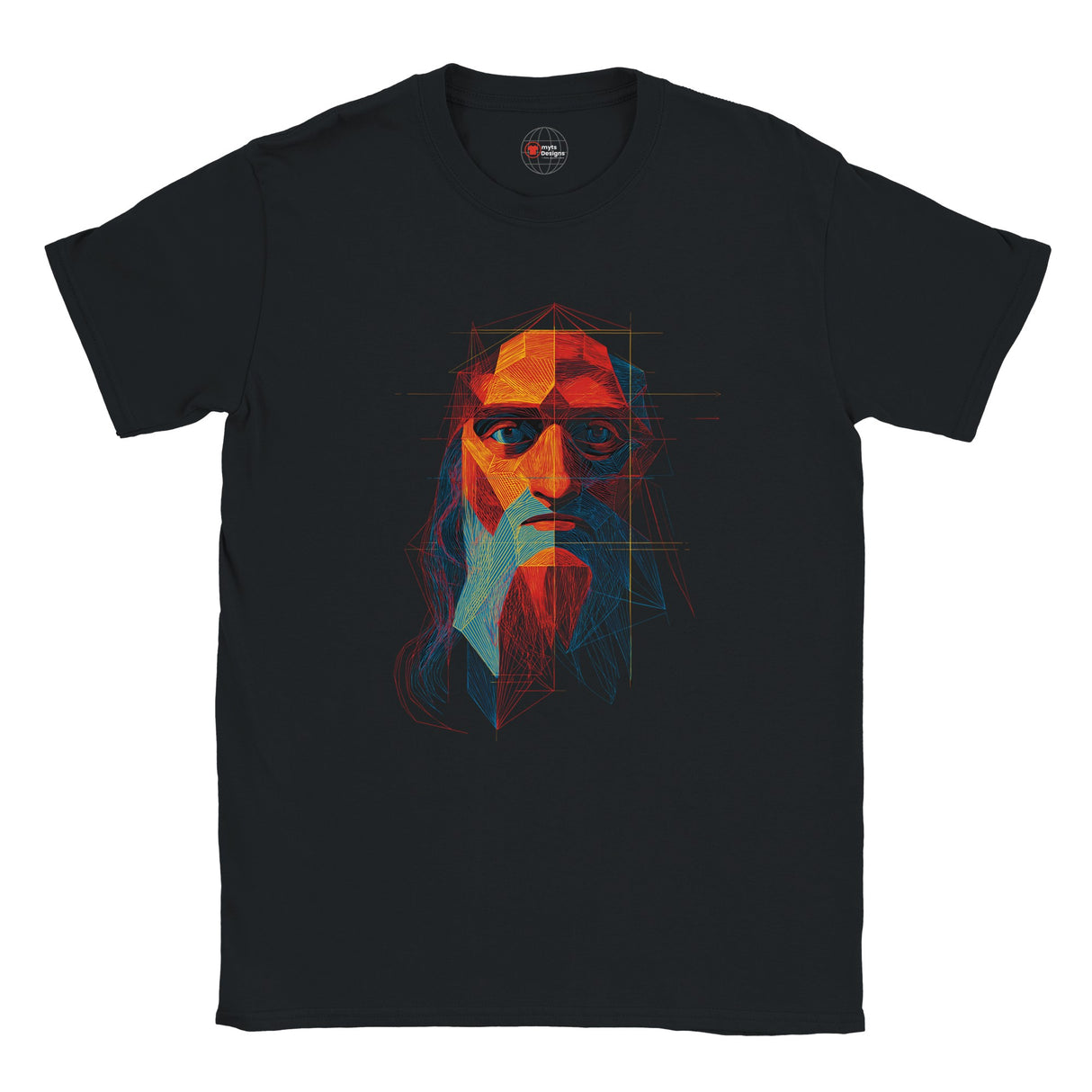 Black t-shirt with a colorful graphic of a face on a white background