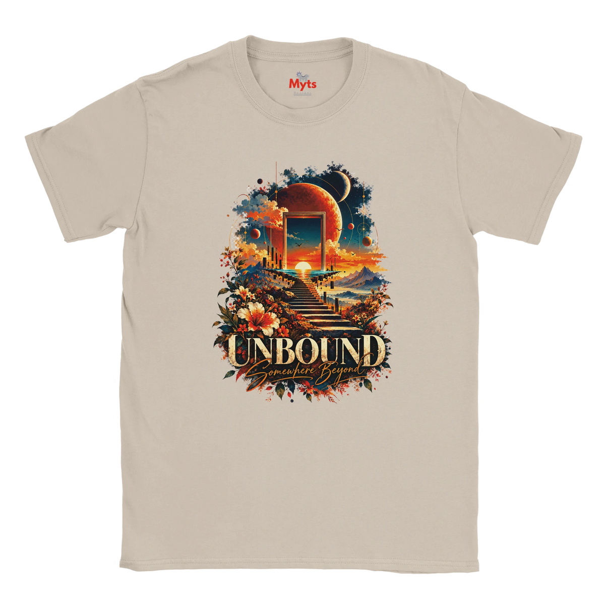 A Ice Grey flat-lay T-shirt with surreal space and floral design with the words in bold "Unbound" and in a script style below "Somewhere Beyond"