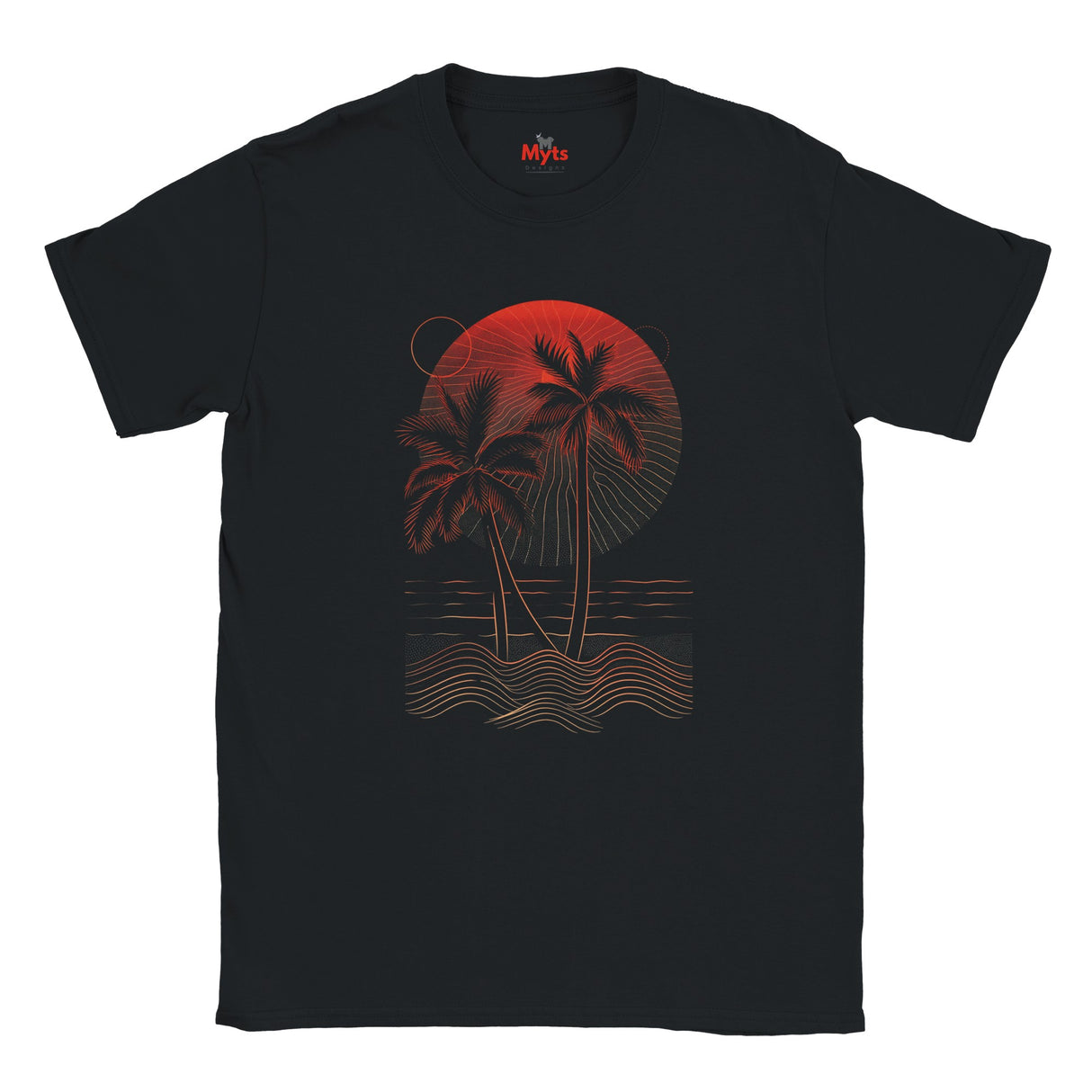 Black t-shirt with red and white palm tree design on a white background